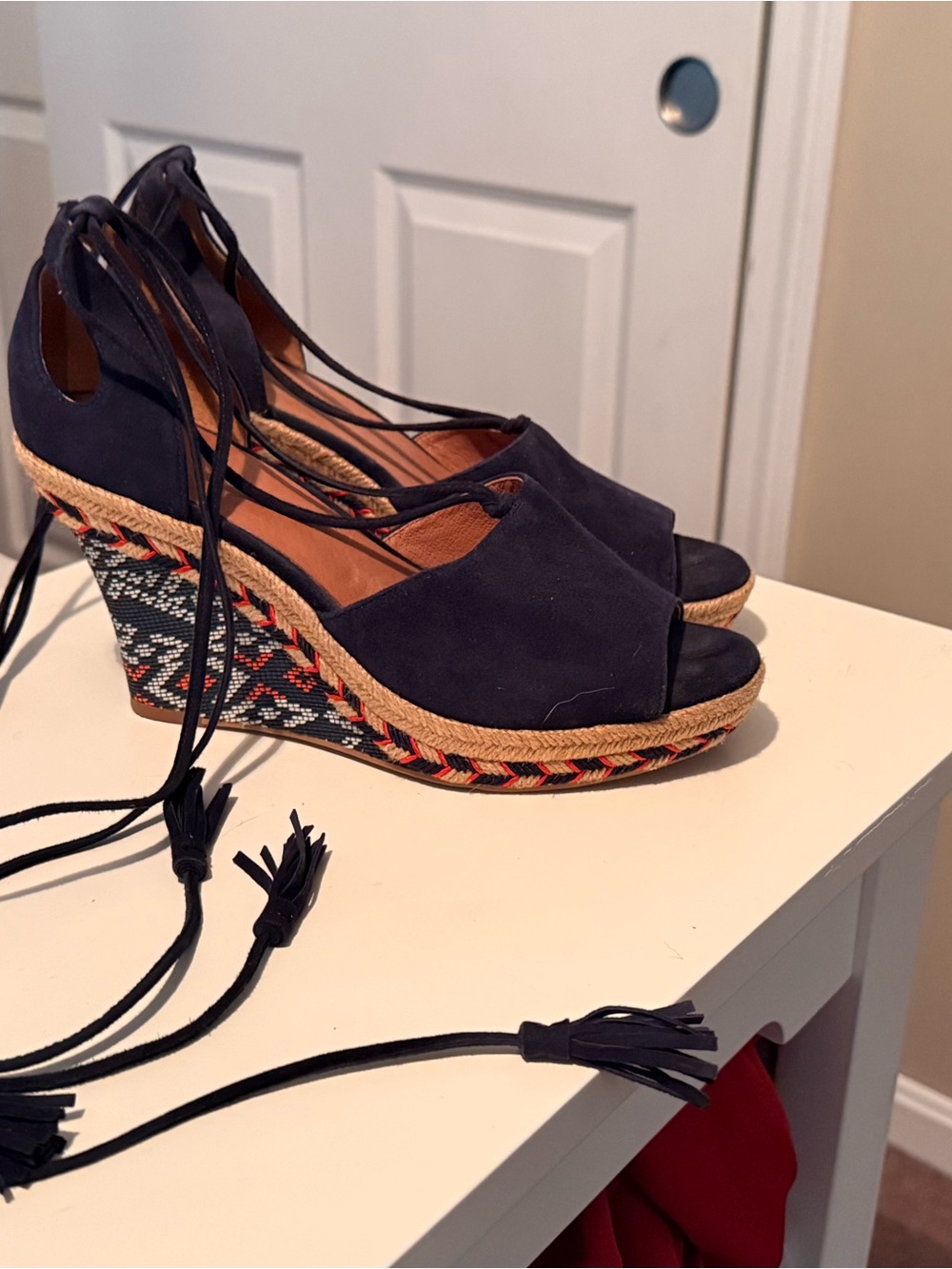 CAbi Navy Suede Espadrille Wedge Sandals with Patterned Heel